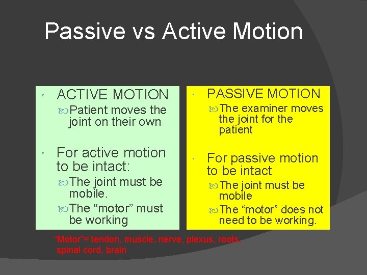 Passive vs Active Motion ACTIVE MOTION The examiner moves Patient moves the joint for