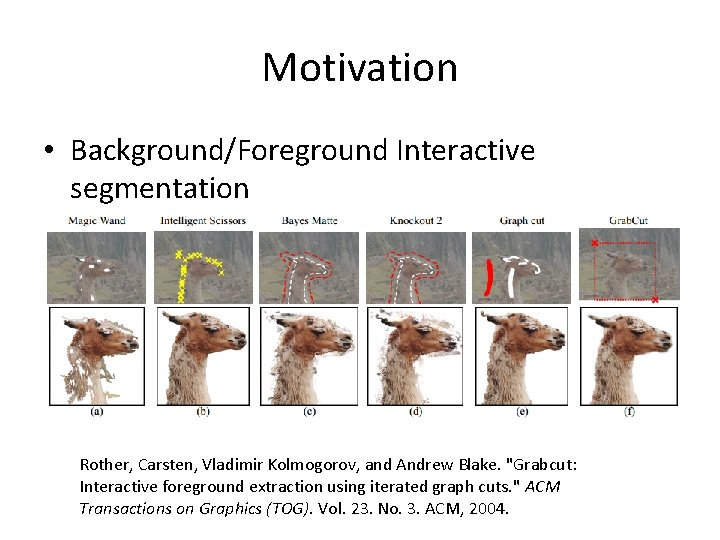 Motivation • Background/Foreground Interactive segmentation Rother, Carsten, Vladimir Kolmogorov, and Andrew Blake. "Grabcut: Interactive