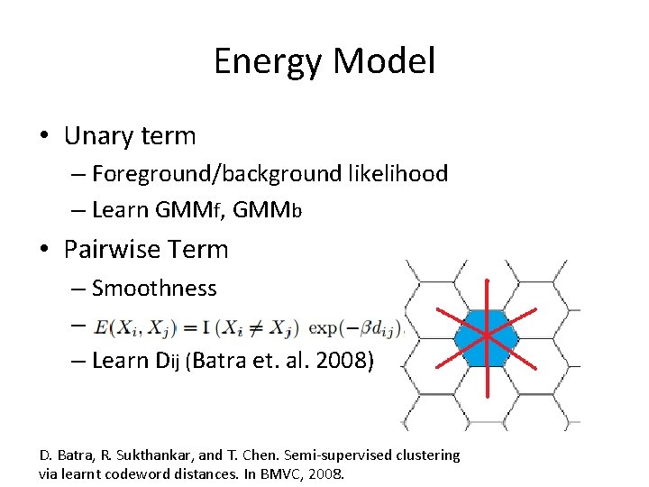 Energy Model • Unary term – Foreground/background likelihood – Learn GMMf, GMMb • Pairwise