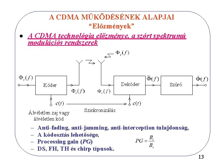 A CDMA MŰKÖDÉSÉNEK ALAPJAI “Előzmények” · A CDMA technológia előzménye, a szórt spektrumú modulációs