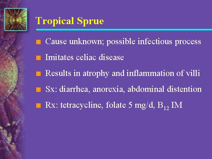 Tropical Sprue n Cause unknown; possible infectious process n Imitates celiac disease n Results