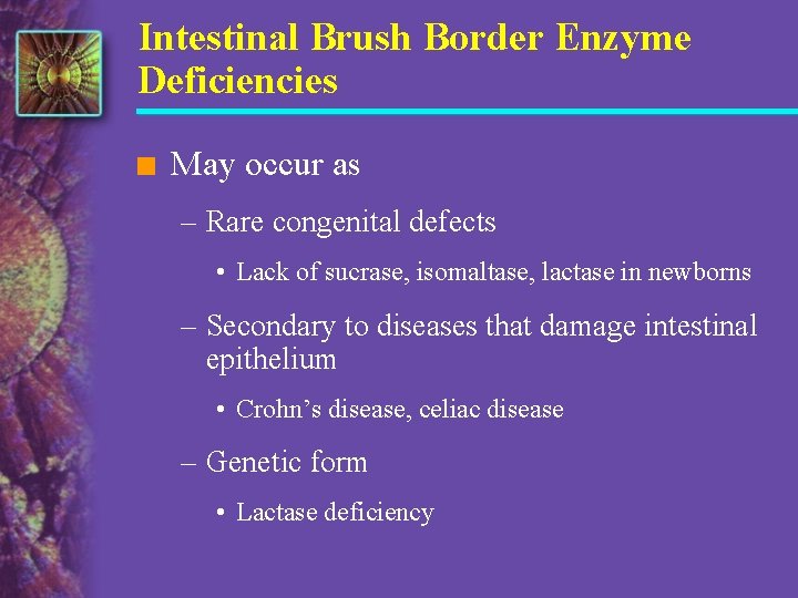 Intestinal Brush Border Enzyme Deficiencies n May occur as – Rare congenital defects •