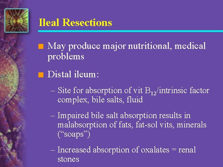 Ileal Resections n May produce major nutritional, medical problems n Distal ileum: – Site