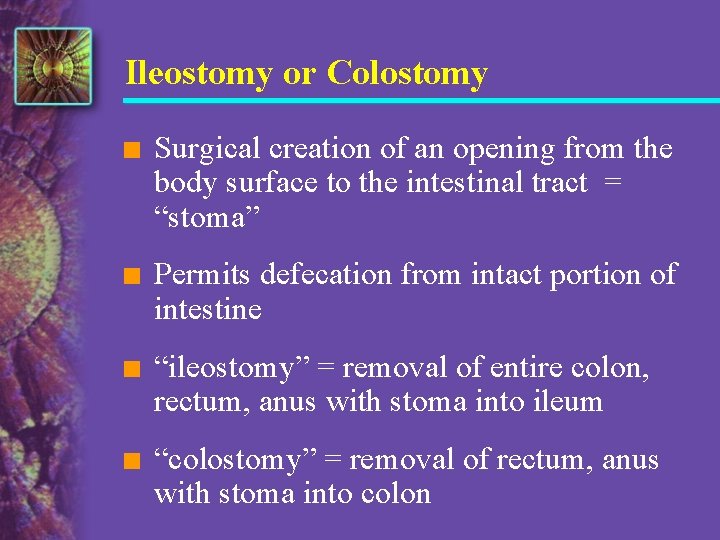 Ileostomy or Colostomy n Surgical creation of an opening from the body surface to