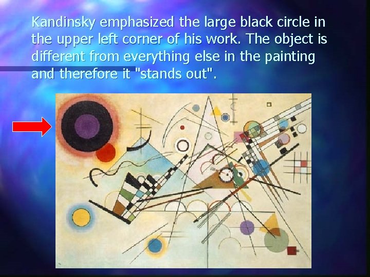 Kandinsky emphasized the large black circle in the upper left corner of his work.