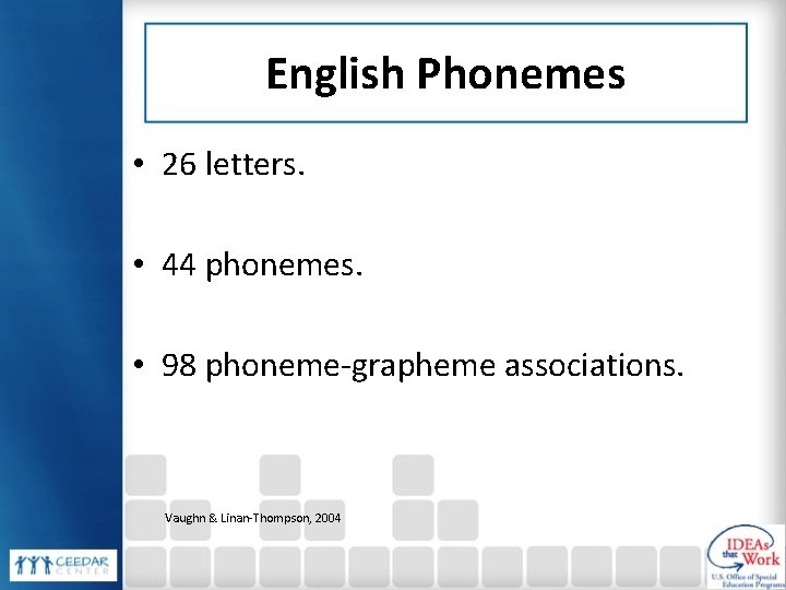 English Phonemes • 26 letters. • 44 phonemes. • 98 phoneme-grapheme associations. Vaughn &