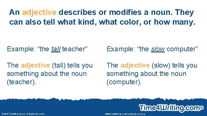 An adjective describes or modifies a noun. They can also tell what kind, what