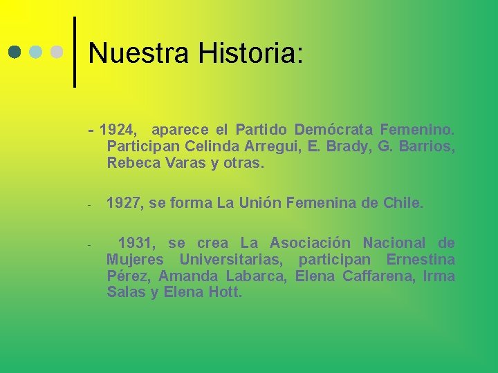 Nuestra Historia: - 1924, aparece el Partido Demócrata Femenino. Participan Celinda Arregui, E. Brady,
