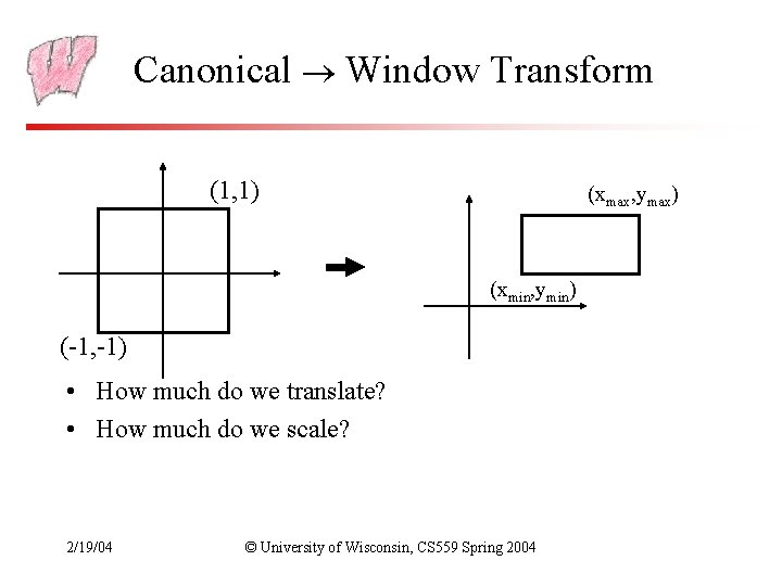 Canonical Window Transform (1, 1) (xmax, ymax) (xmin, ymin) (-1, -1) • How much