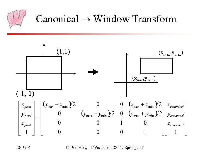 Canonical Window Transform (1, 1) (xmax, ymax) (xmin, ymin) (-1, -1) 2/19/04 © University