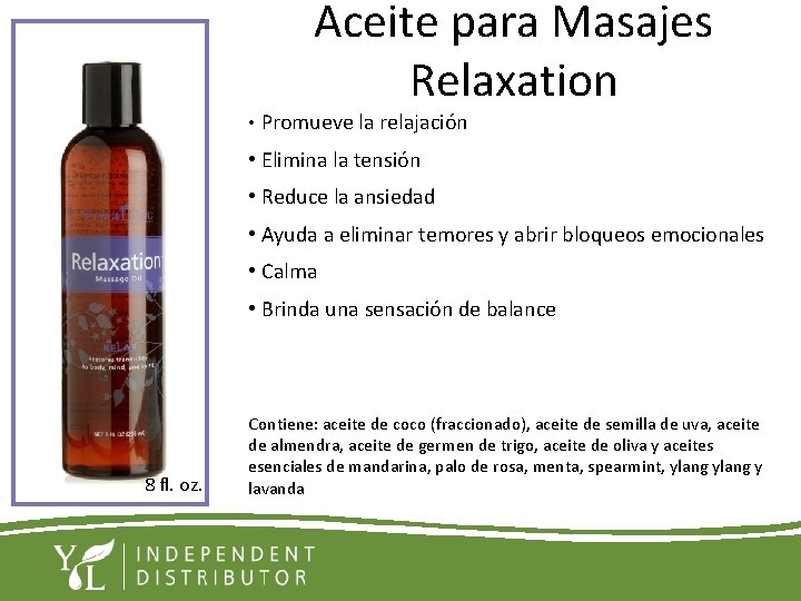 Aceite para Masajes Relaxation • Promueve la relajación • Elimina la tensión • Reduce