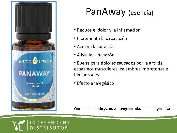 Pan. Away (esencia) • Reduce el dolor y la inflamación • Incrementa la circulación