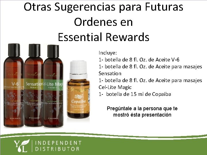 Otras Sugerencias para Futuras Ordenes en Essential Rewards Incluye: 1 - botella de 8