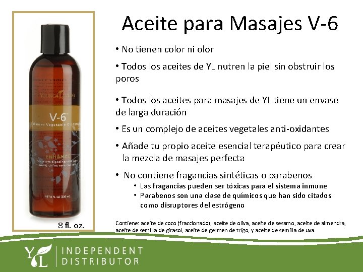 Aceite para Masajes V-6 • No tienen color ni olor • Todos los aceites