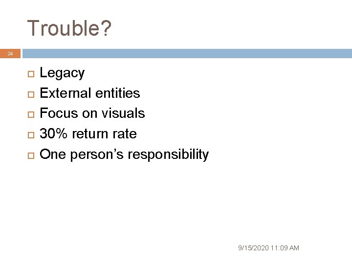 Trouble? 24 Legacy External entities Focus on visuals 30% return rate One person’s responsibility