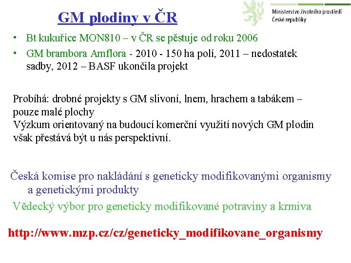 GM plodiny v ČR • Bt kukuřice MON 810 – v ČR se pěstuje