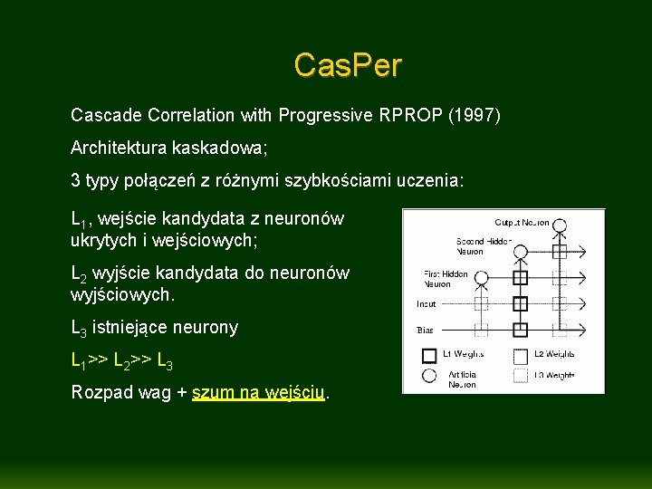 Cas. Per Cascade Correlation with Progressive RPROP (1997) Architektura kaskadowa; 3 typy połączeń z
