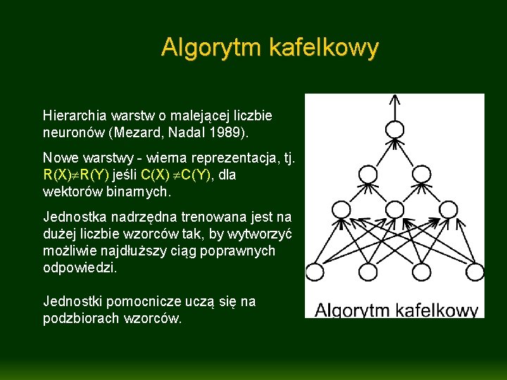 Algorytm kafelkowy Hierarchia warstw o malejącej liczbie neuronów (Mezard, Nadal 1989). Nowe warstwy -