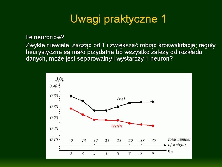 Uwagi praktyczne 1 Ile neuronów? Zwykle niewiele, zacząć od 1 i zwiększać robiąc kroswalidację;