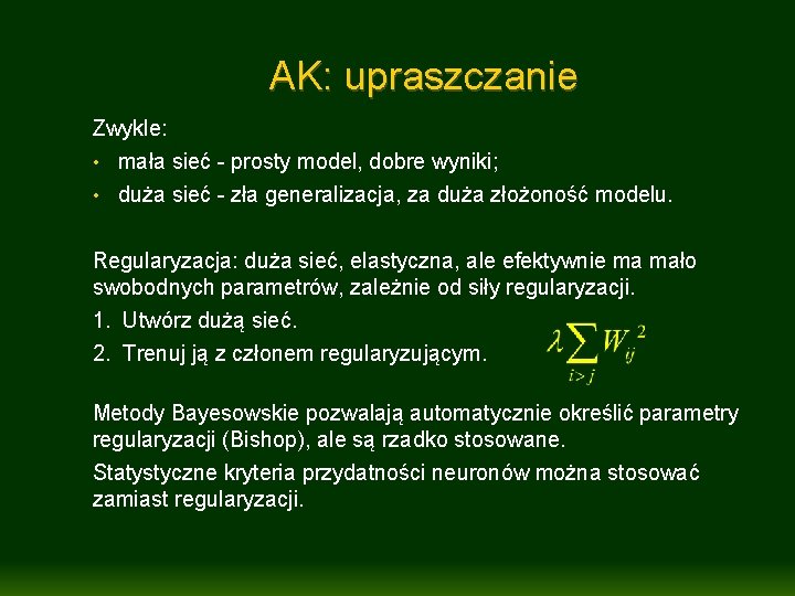 AK: upraszczanie Zwykle: • mała sieć - prosty model, dobre wyniki; • duża sieć