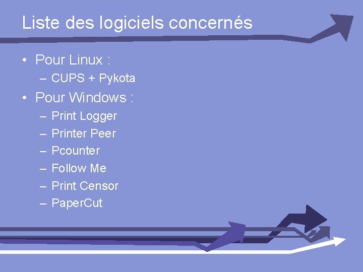 Liste des logiciels concernés • Pour Linux : – CUPS + Pykota • Pour