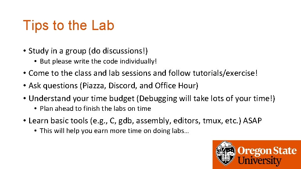 Tips to the Lab • Study in a group (do discussions!) • But please