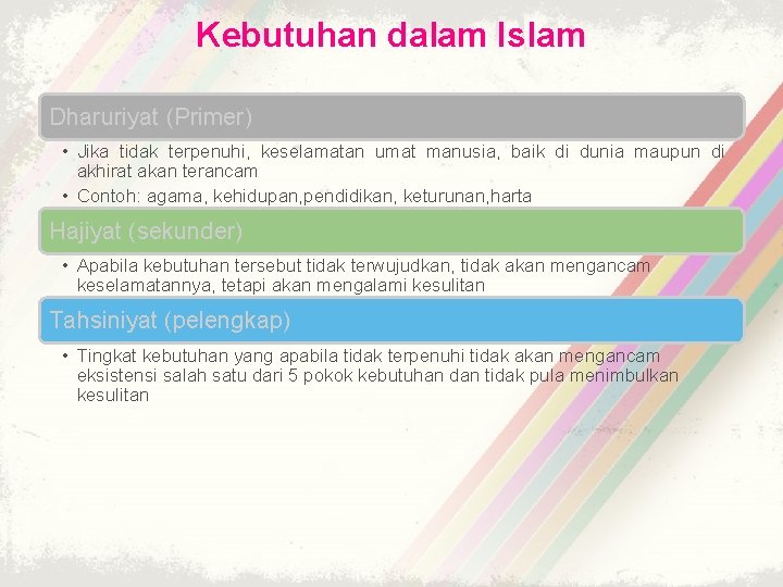 Kebutuhan dalam Islam Dharuriyat (Primer) • Jika tidak terpenuhi, keselamatan umat manusia, baik di
