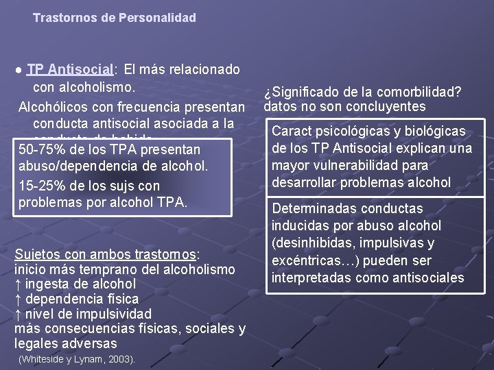 Trastornos de Personalidad ● TP Antisocial: El más relacionado con alcoholismo. ¿Significado de la Trastornos de Personalidad ● TP Antisocial: El más relacionado con alcoholismo. ¿Significado de la