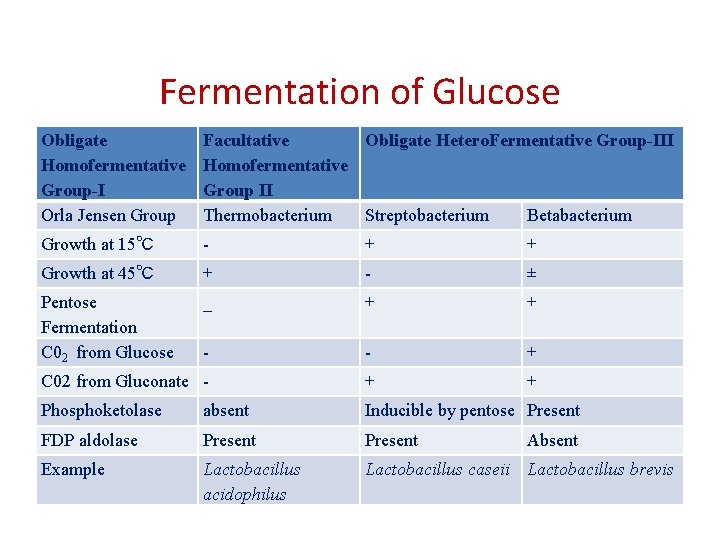 Fermentation of Glucose Obligate Homofermentative Group-I Orla Jensen Group Facultative Obligate Hetero. Fermentative Group-III