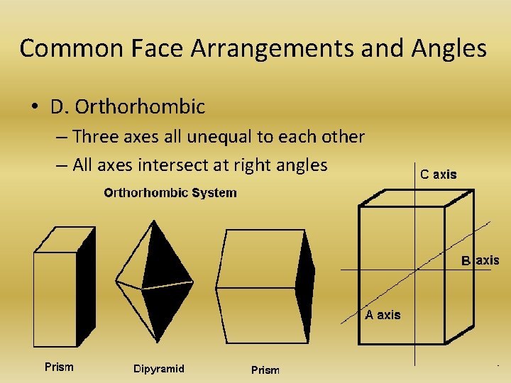 Common Face Arrangements and Angles • D. Orthorhombic – Three axes all unequal to