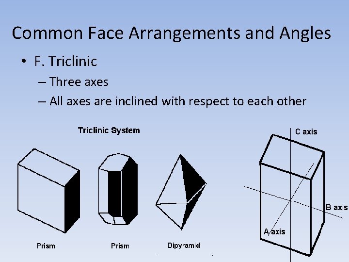 Common Face Arrangements and Angles • F. Triclinic – Three axes – All axes