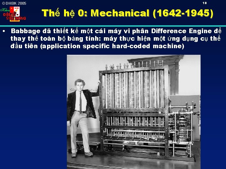 © DHBK 2005 18 Thế hệ 0: Mechanical (1642 -1945) • Babbage đã thiết