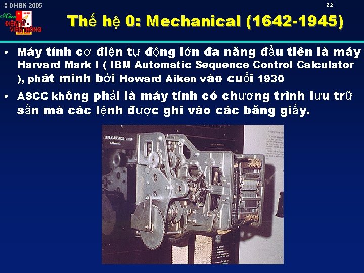 22 © DHBK 2005 Thế hệ 0: Mechanical (1642 -1945) • Máy tính cơ