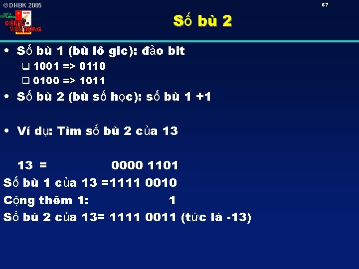 67 © DHBK 2005 Số bù 2 • Số bù 1 (bù lô gic):