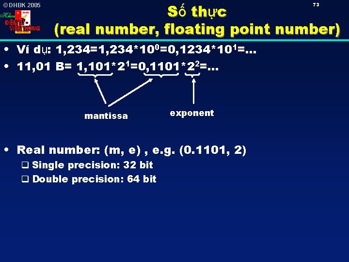 © DHBK 2005 Số thực (real number, floating point number) 73 • Ví dụ: