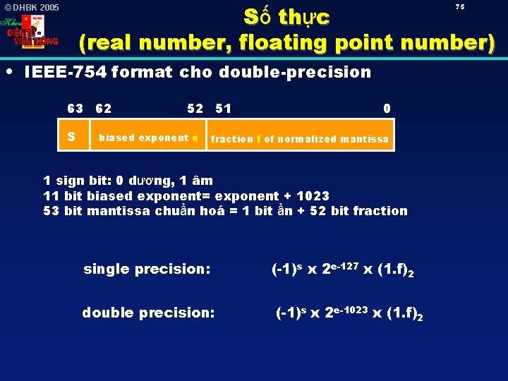 Số thực (real number, floating point number) 75 © DHBK 2005 • IEEE-754 format