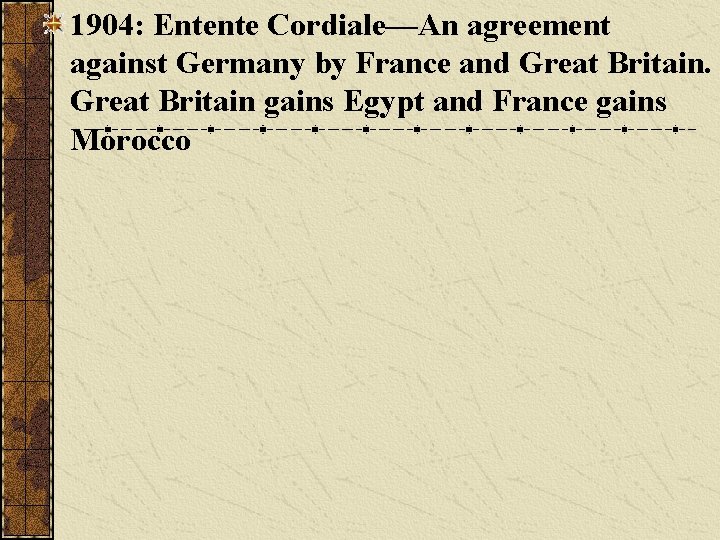 1904: Entente Cordiale—An agreement against Germany by France and Great Britain gains Egypt and