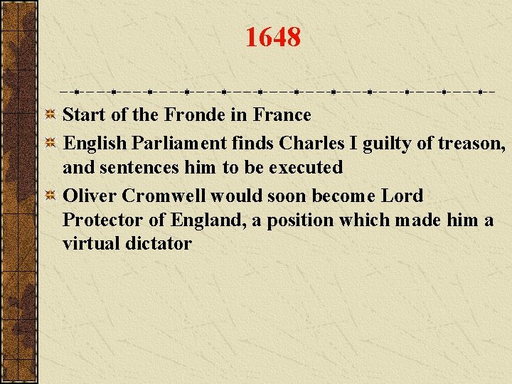 1648 Start of the Fronde in France English Parliament finds Charles I guilty of