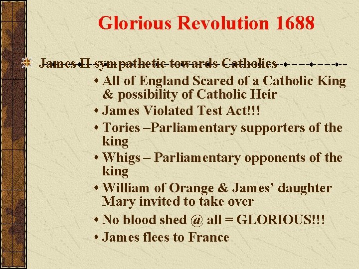 Glorious Revolution 1688 James II sympathetic towards Catholics s All of England Scared of