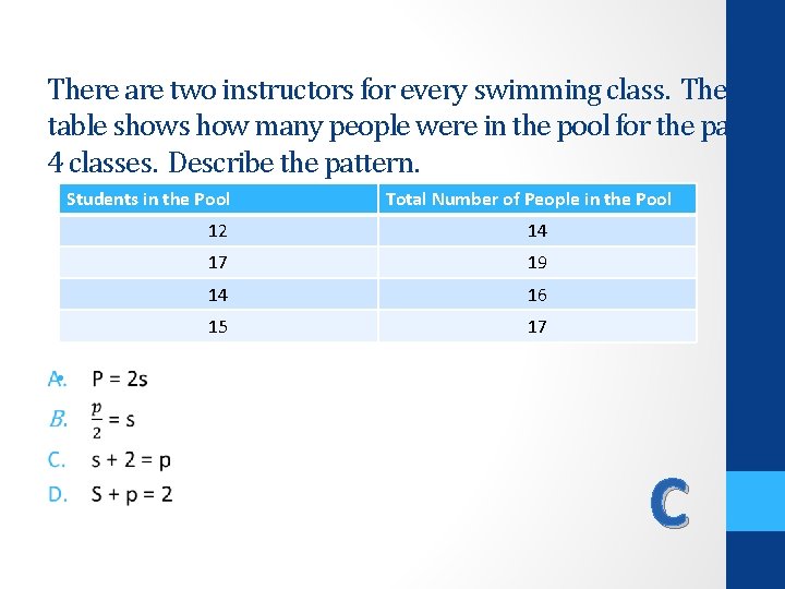 There are two instructors for every swimming class. The table shows how many people