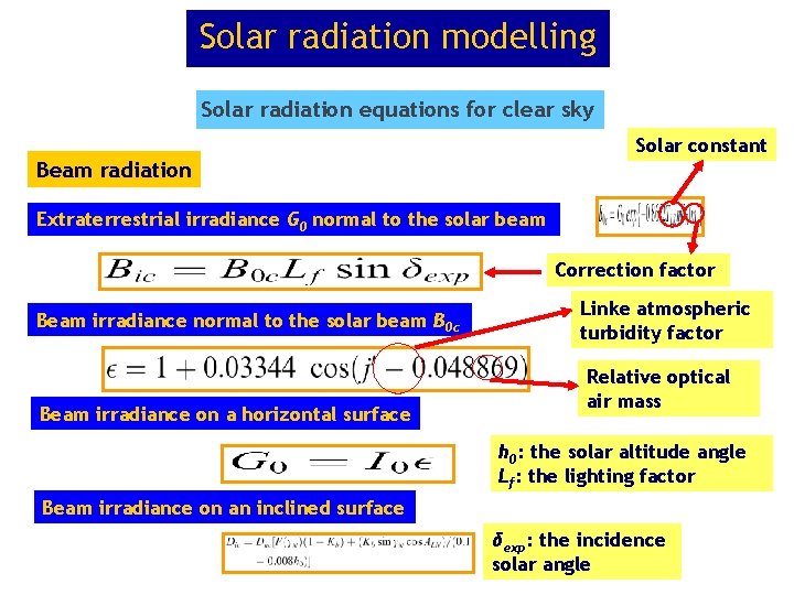 Solar radiation modelling Solar radiation equations for clear sky Solar constant Beam radiation Extraterrestrial Solar radiation modelling Solar radiation equations for clear sky Solar constant Beam radiation Extraterrestrial