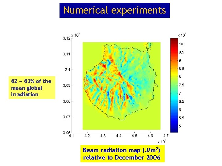 Numerical experiments 82 − 83% of the mean global irradiation Beam radiation map (J/m Numerical experiments 82 − 83% of the mean global irradiation Beam radiation map (J/m