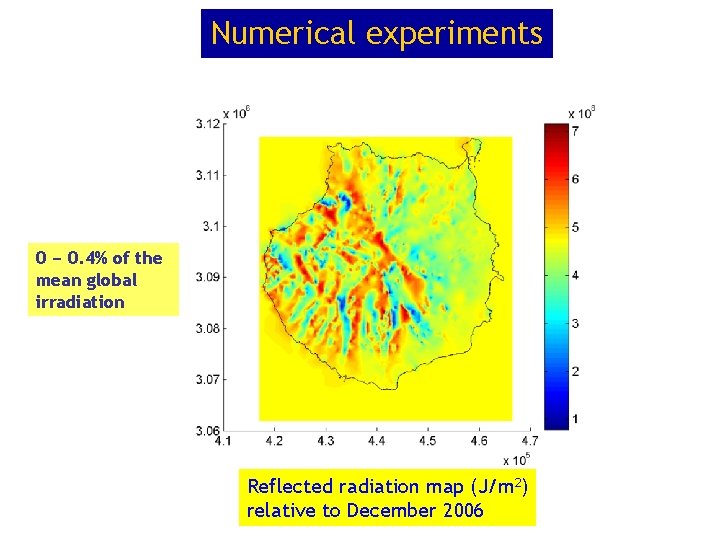 Numerical experiments 0 − 0. 4% of the mean global irradiation Reflected radiation map Numerical experiments 0 − 0. 4% of the mean global irradiation Reflected radiation map