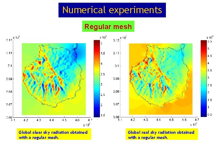 Numerical experiments Regular mesh Global clear sky radiation obtained with a regular mesh. Global Numerical experiments Regular mesh Global clear sky radiation obtained with a regular mesh. Global