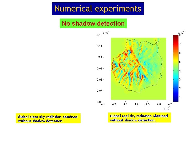 Numerical experiments No shadow detection Global clear sky radiation obtained without shadow detection. Global Numerical experiments No shadow detection Global clear sky radiation obtained without shadow detection. Global