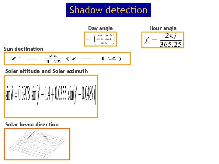 Shadow detection Day angle Sun declination Solar altitude and Solar azimuth Solar beam direction Shadow detection Day angle Sun declination Solar altitude and Solar azimuth Solar beam direction