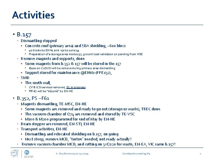 Activities • B. 157 • Dismantling stopped • Concrete roof (primary area) and SBA