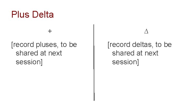 Plus Delta + [record pluses, to be shared at next session] ∆ [record deltas,