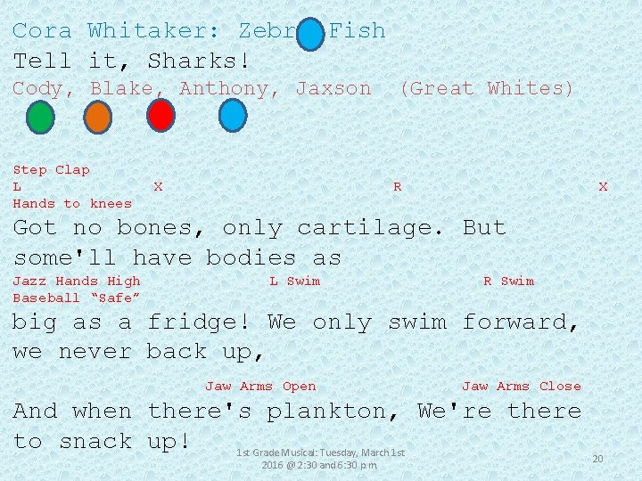 Cora Whitaker: Zebra Fish Tell it, Sharks! Cody, Blake, Anthony, Jaxson (Great Whites) Step