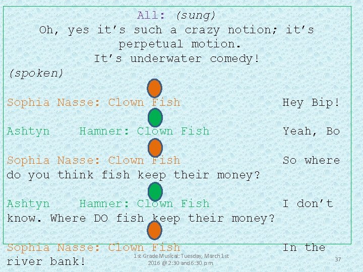 All: (sung) Oh, yes it’s such a crazy notion; it’s perpetual motion. It’s underwater